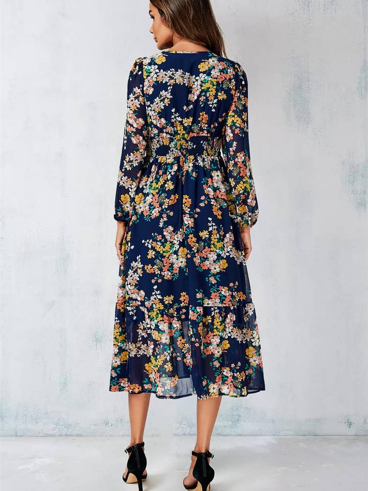 Floral Print Long Sleeve Maxi Dress In Navy for wholesale on Faire1