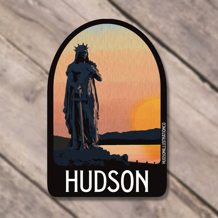 Pegatina de vinilo impermeable - Hudson New York St Winnifred Stat para venta al por mayor de Hudson Illustration Co - About Town Co