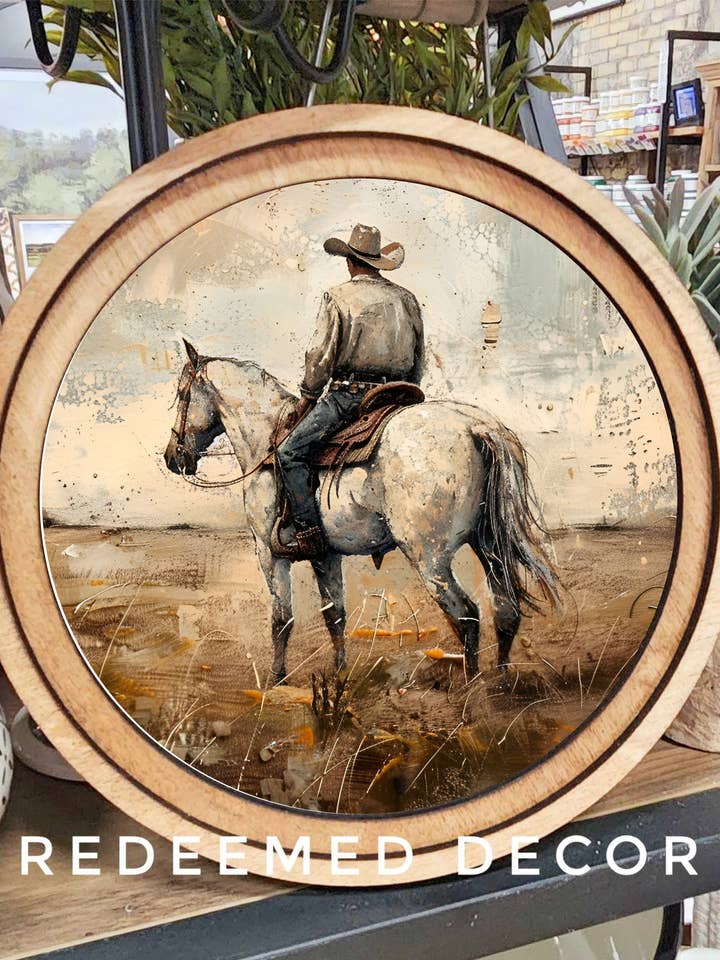 8" Round White Horse Cowboy Art for wholesale by Redeemed Decor