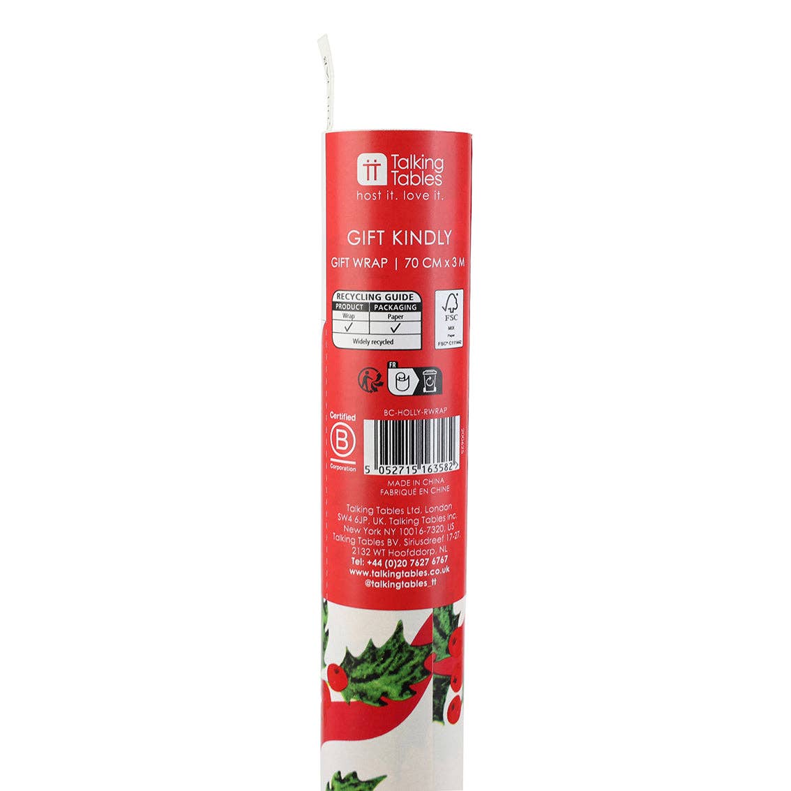 Talking Tables EU - Wholesale Wrapping Paper Roll - Botanical Holly Recycled Wrapping Paper - 3m5
