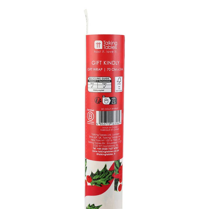 Talking Tables EU - Wholesale Wrapping Paper Roll - Botanical Holly Recycled Wrapping Paper - 3m5