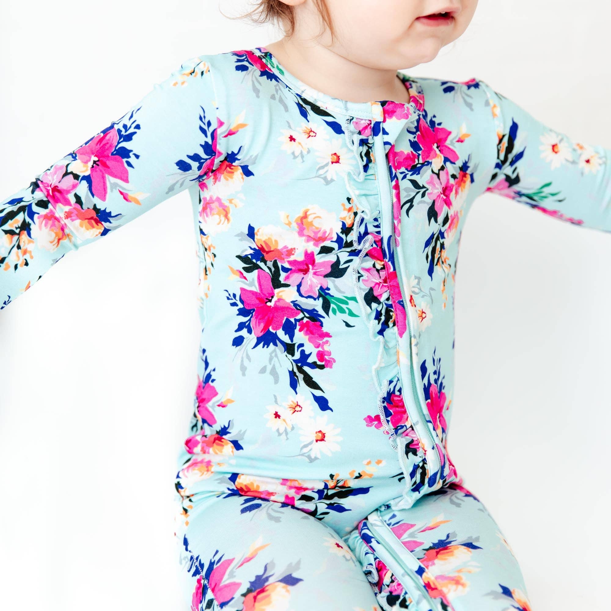 Dreamiere - Vente Grenouillère – bébé - Pyjama convertible à volants en bambou Aqua Floral In Full Bloom3