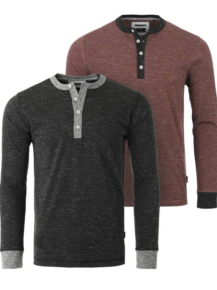 Långärmade avslappnade Henley-skjortor med kontrastkrage och manschetter, set om 2 för wholesale av ZIMEGO