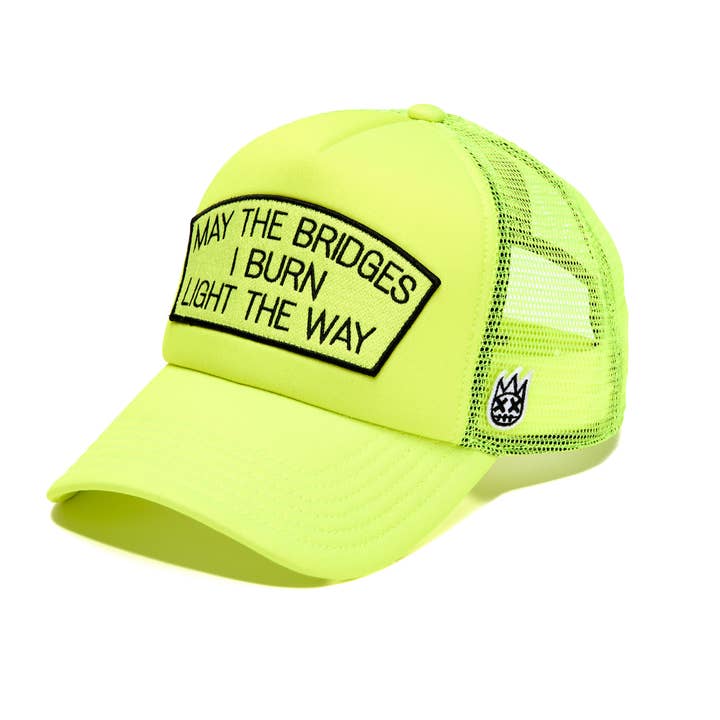 YELLOW "MAY THE BRIDGES I BURN" MESH BACK TRUCKER HAT for wholesale on Faire