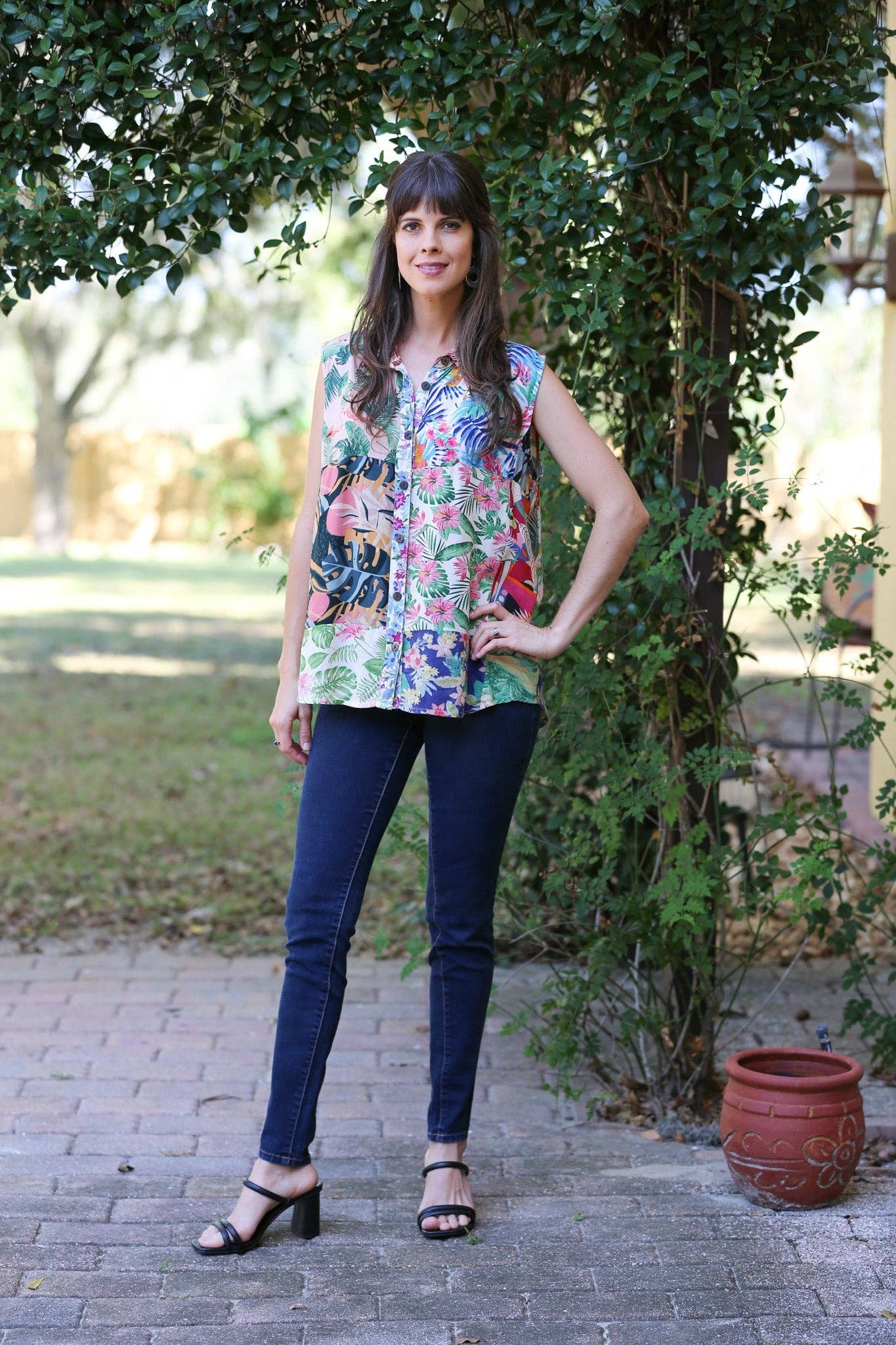 Sacred Threads - Wholesale Button Down Shirt - Women's - Tropical Symphony Patchwork Collared Shirt1