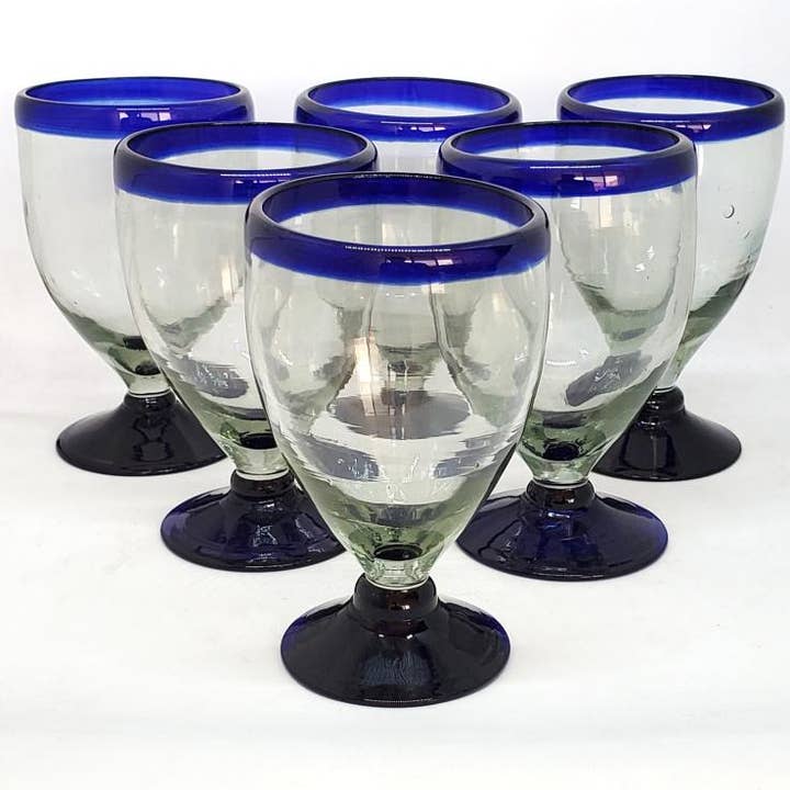 MexHandcraft - Wholesale Wine Glass - Mexican Cobalt Blue Rim 12 oz Short Stem Wine Glasses