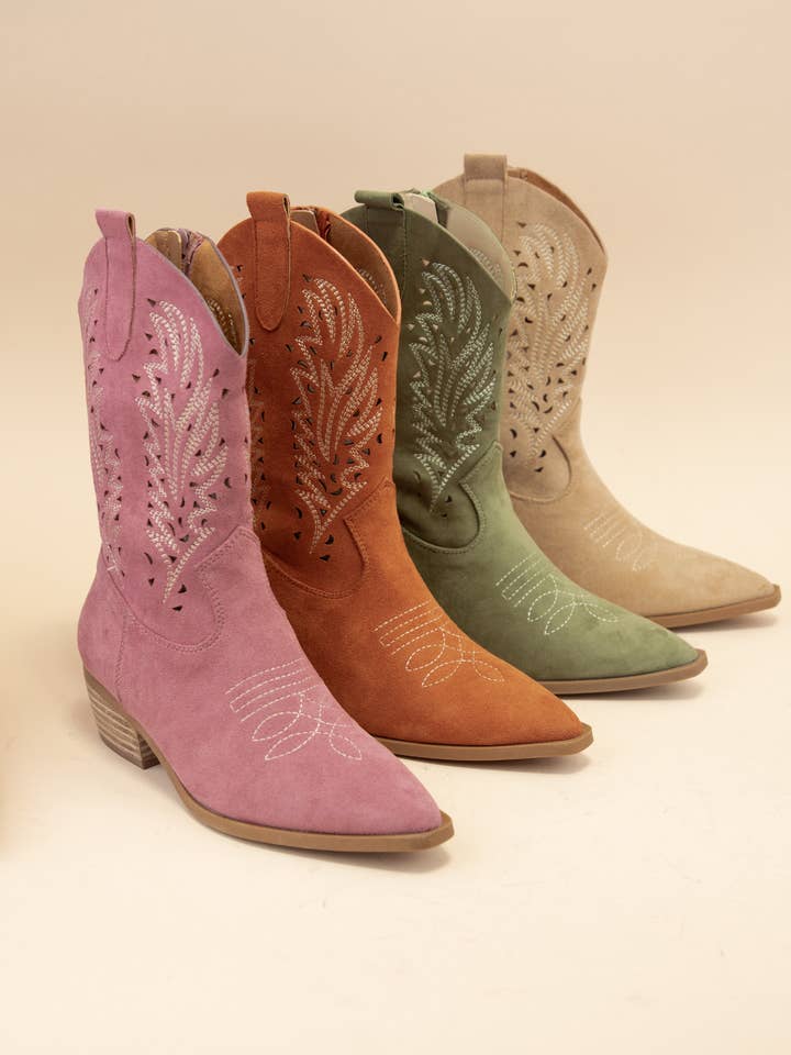 ROSIE EMBROIDERED CUTOUT DESIGN MID CALF WESTERN BOOTS for wholesale by CCOCCI