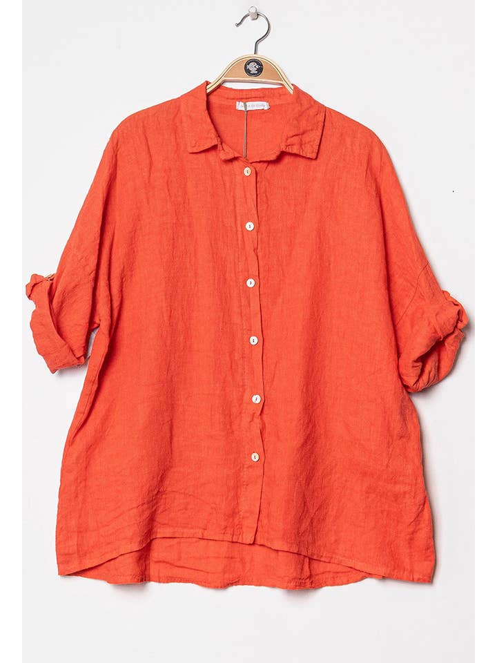 Happy look – Camisa com botões no colarinho – Mulher por atacado – Camisa folgada de linho com mangas dobráveis1