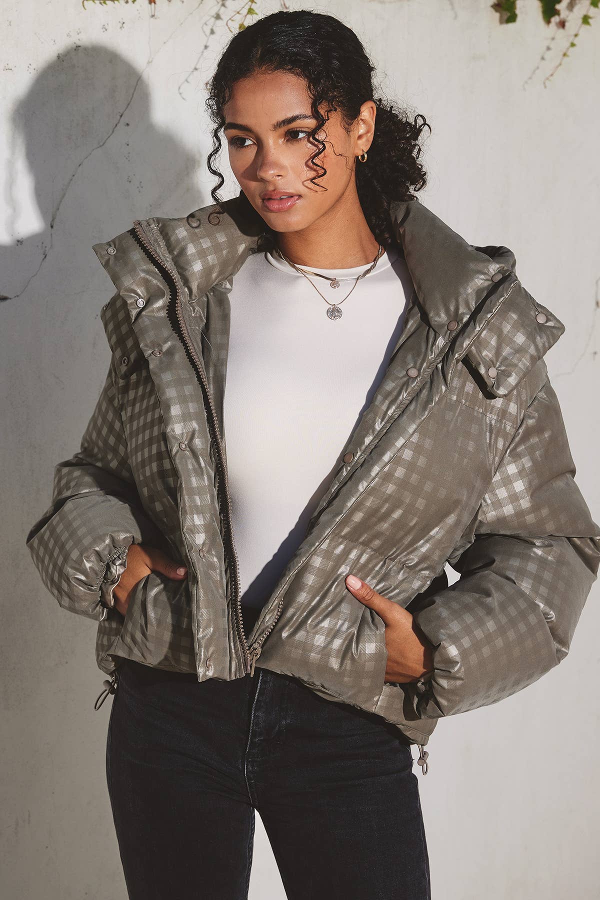 MOCHA GREY Plaid Puffer Jacket (1) for wholesale on Faire4