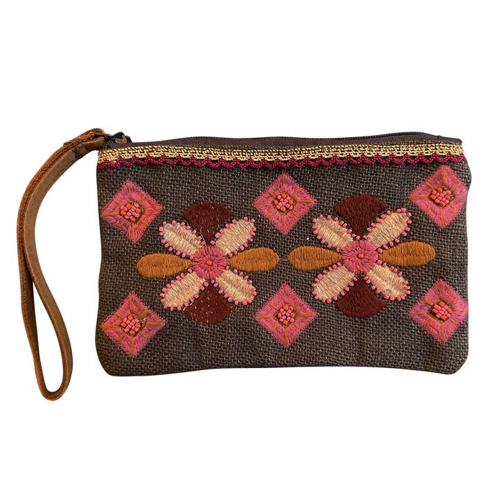 Chloe & Lex - Wholesale Wristlet - Charcoal Flowers Cotton Polyester Unisex Beaded Wristlet