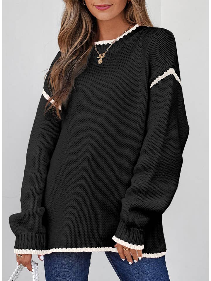 Anna Kaci Wholesale - Wholesale Knit Sweater - Women's - Crew Neck Knit Sweater with Red Trim Detail and Long Sleeves1