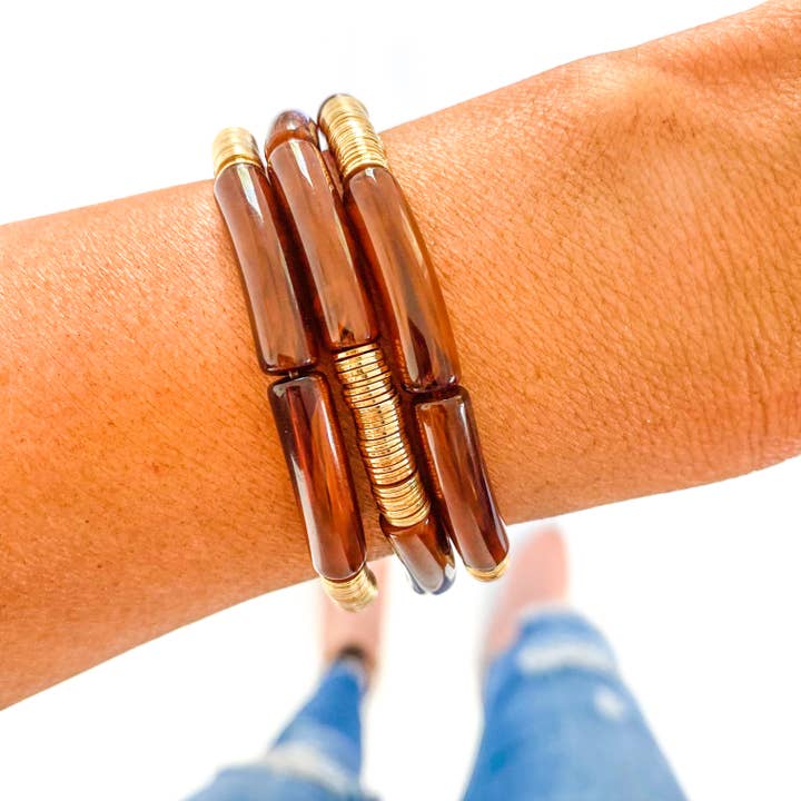 Savvy Bling - Wholesale Beaded Bracelet - Coco Cola Brown Acrylic Tube Bamboo Bracelet
