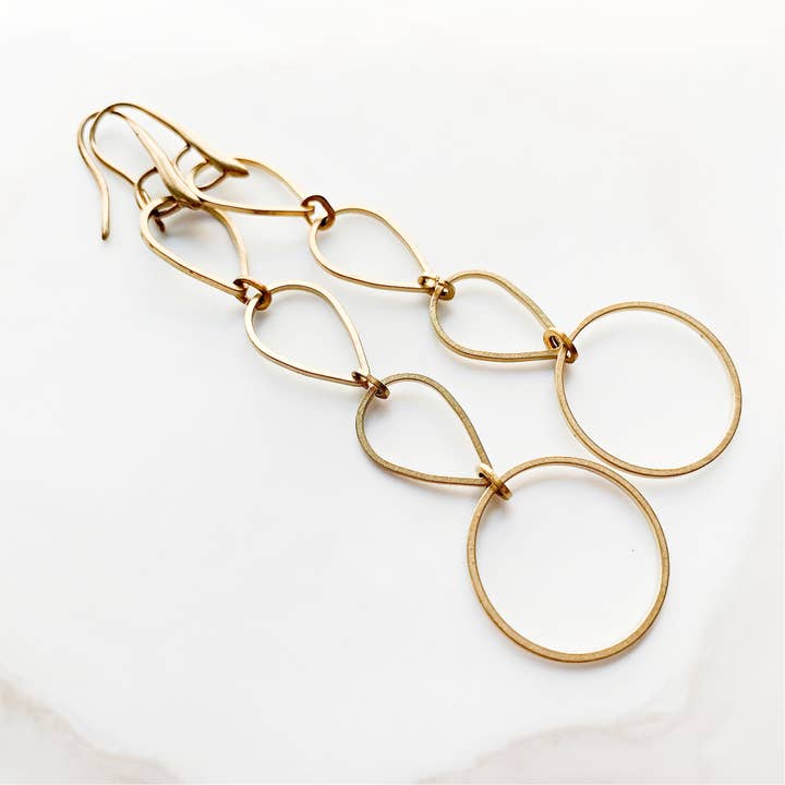 Long Yellow Brass Modern Waterfall Teardrop Circle Earrings for wholesale by Rose and Della