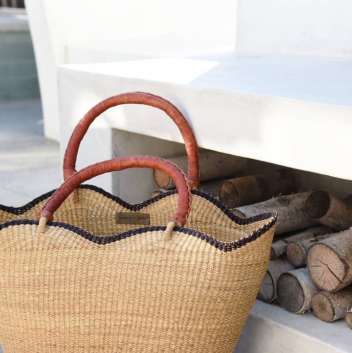 Cognac Handle with Navy Handwoven Scallop Tote for wholesale on Faire