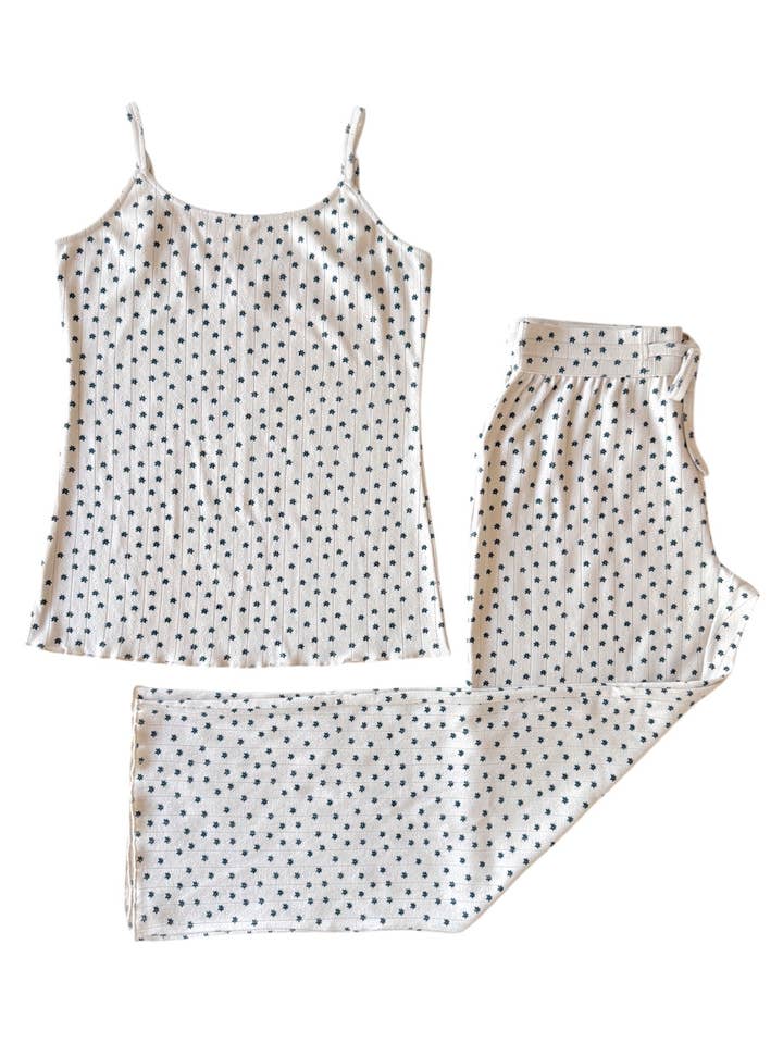 SIIX Collection - Wholesale Lounge Set - Women's - Blue Flower / Organic Pointelle Women's Cami Lounge Set