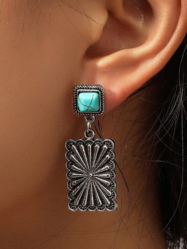 Silvery Retro Western Geometric Turquoise Stud Earrings for wholesale by Threaded Pear