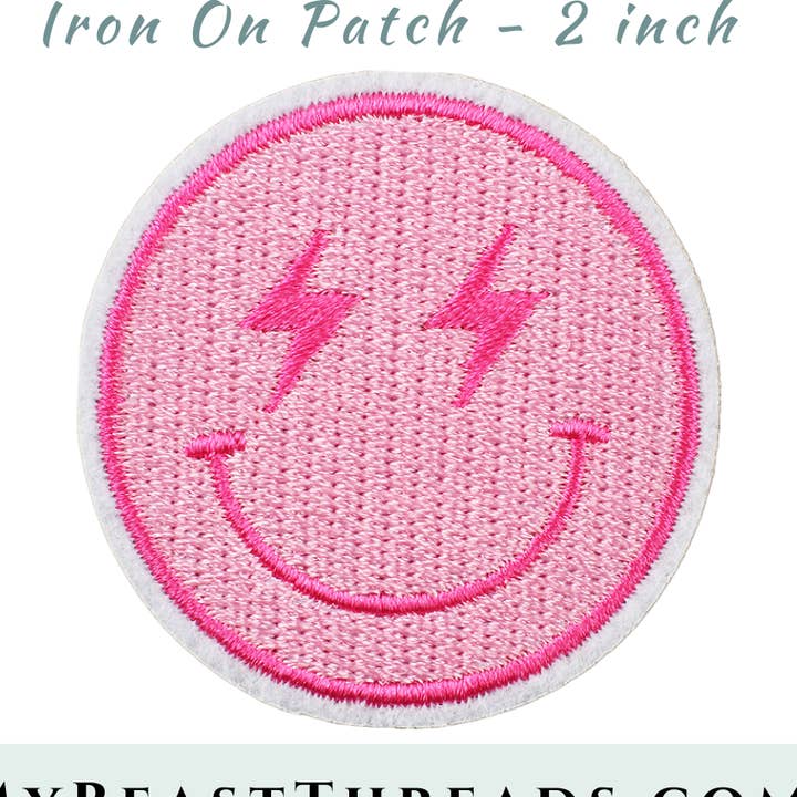 Pink Bolt Smile Embroidered Patch- RTS for wholesale by Beast Threads LLC