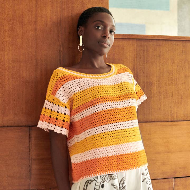 Camiseta de algodón con flores en naranja multicolor para venta al por mayor de GiGi Knitwear