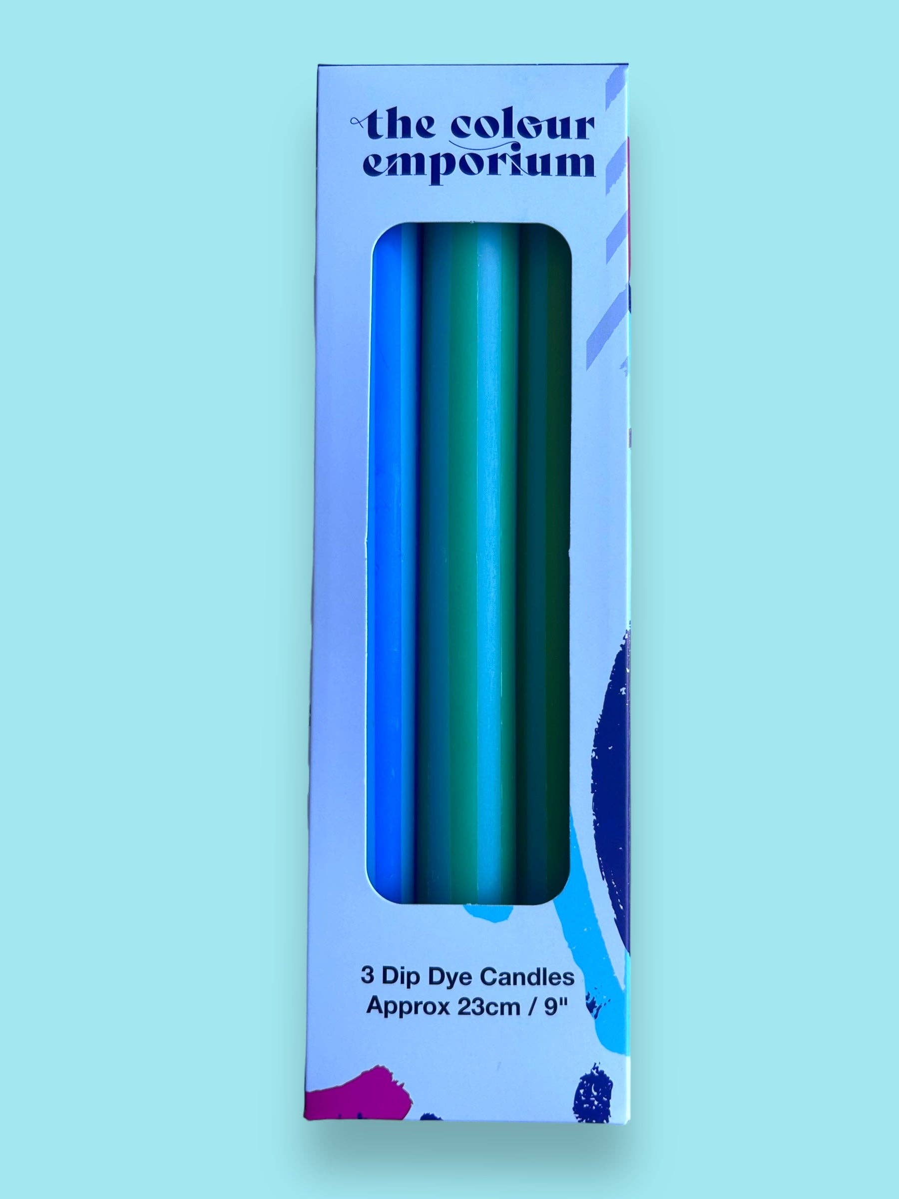 The Colour Emporium – wholesale Tapered candle/candlestick – BLUE PINSTRIPES Dip Dye Dinner Candles Trio1