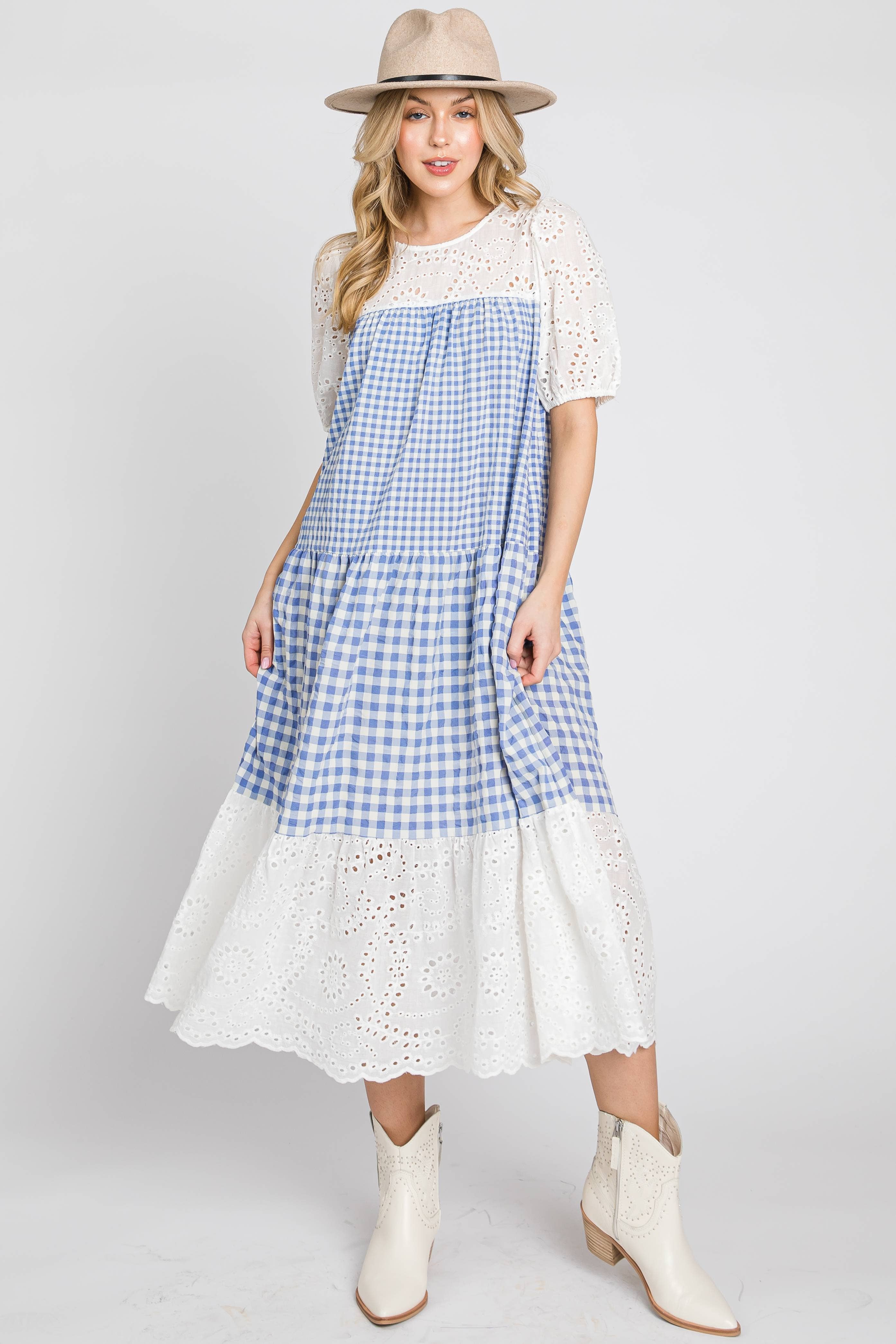 ELLEBORN - Wholesale Dress - Women's - Gingham with cotton eyelet midi dress  3127D-24