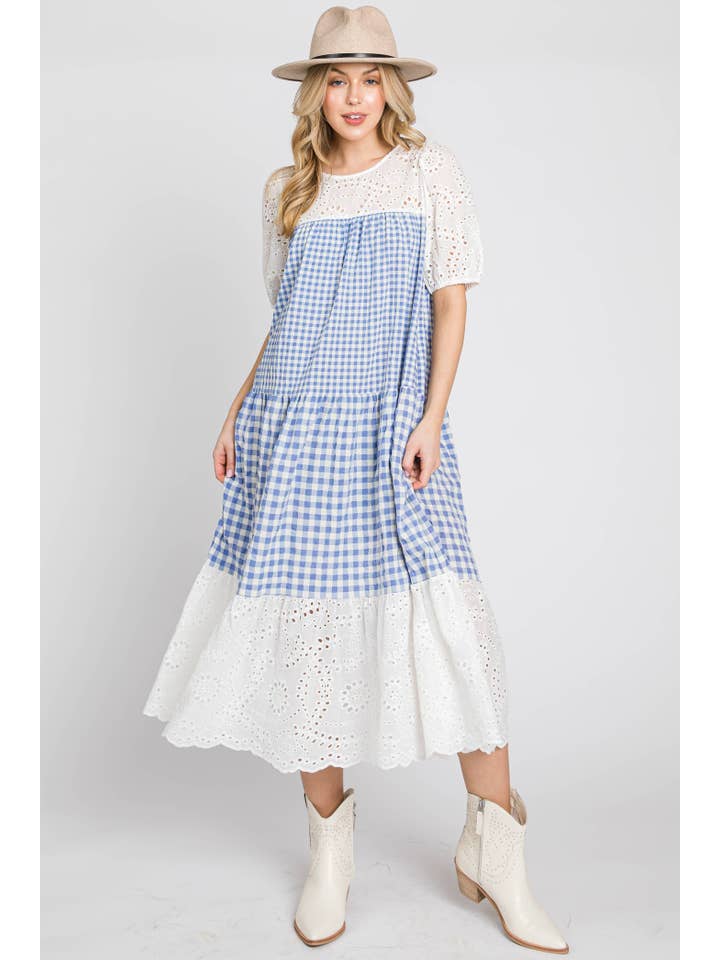 ELLEBORN - Wholesale Dress - Women's - Gingham with cotton eyelet midi dress 3127D-24