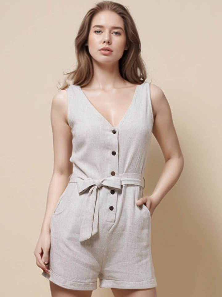 Ladies V-Neck Sleeveless Button String Tie Romper SKJ51252 for wholesale by Sweetkama