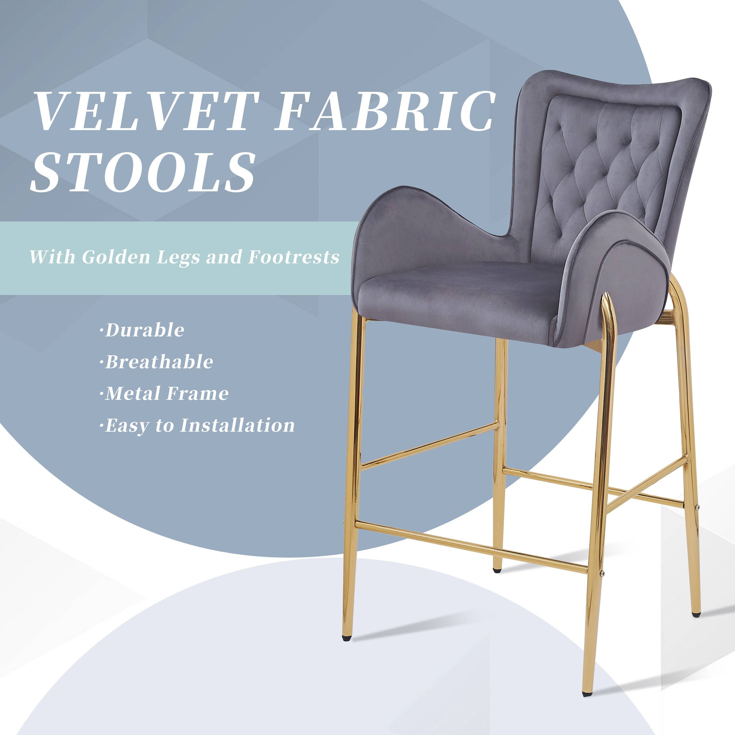 39F Inc. - Wholesale Stool - 28.75in Gray Velvet Counter Stools with Gold Legs, 2pk3