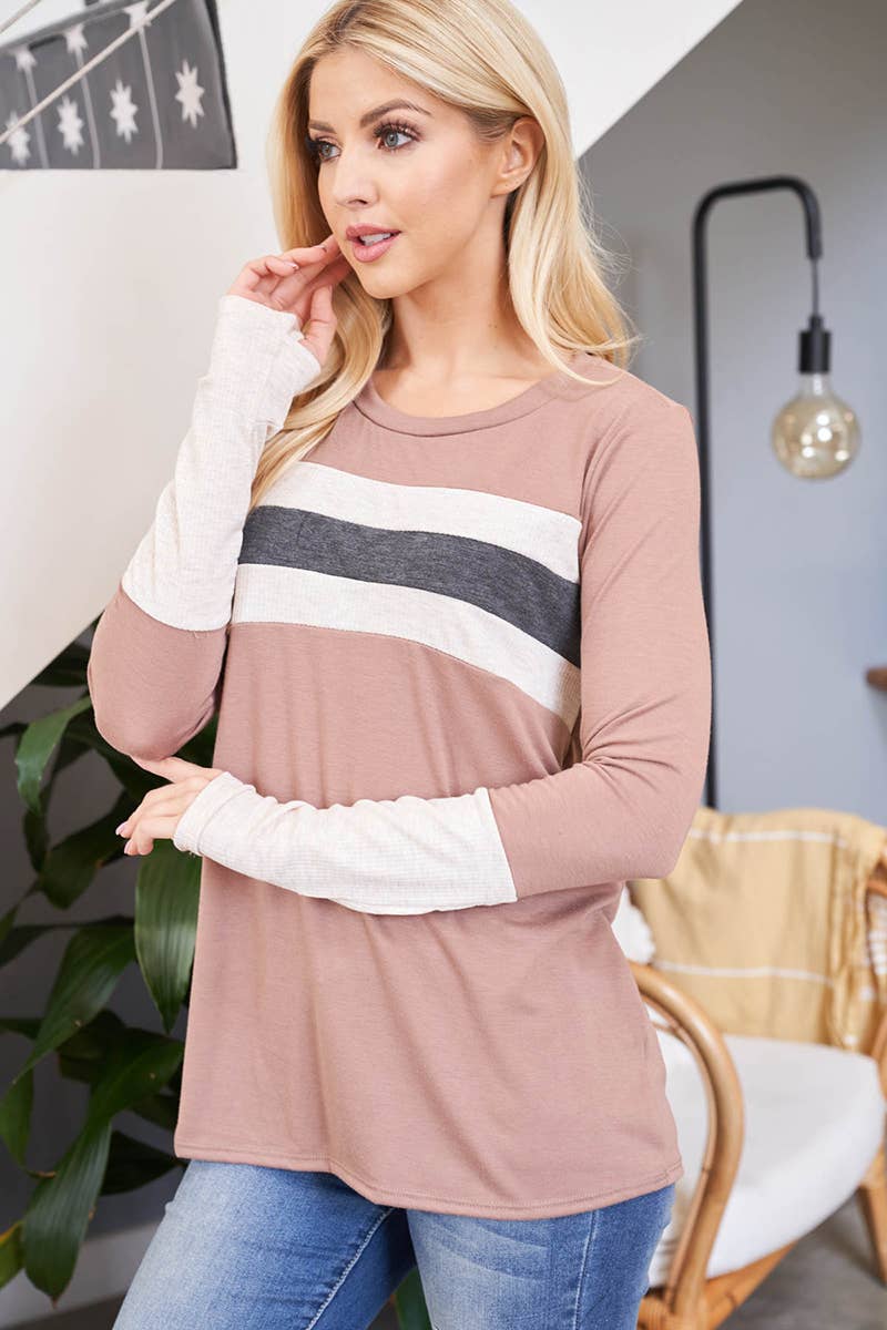 You & Me - Vente Haut en maille – femme - VENTE ! ! ! HAUT CONTRASTANT CÔTELÉ À MANCHES LONGUES ET À 3 TROUS POUR LES POUCES PPT26730