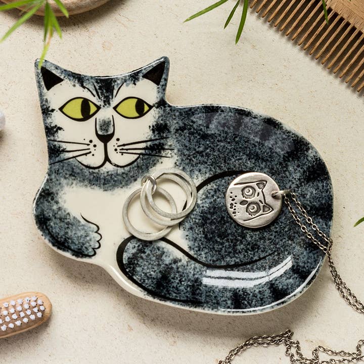 Handmade Ceramic Grey Tabby Cat Trinket Dish for wholesale by Hannah Turner Ltd