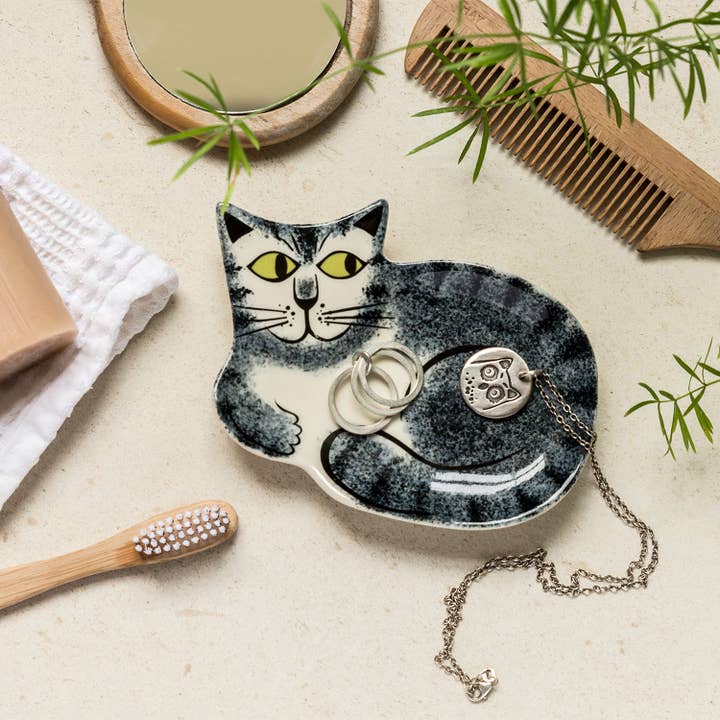 Handmade Ceramic Grey Tabby Cat Trinket Dish for wholesale by Hannah Turner Ltd