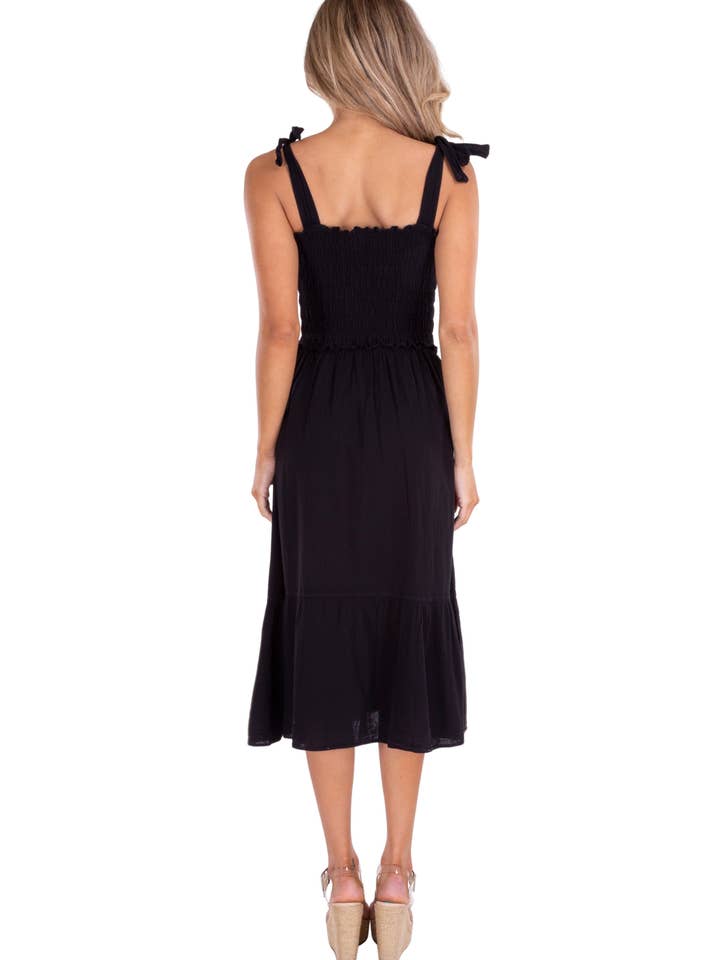 Tie-Shoulder Smocked A-Line Cotton Midi Dress – Black for wholesale on Faire2