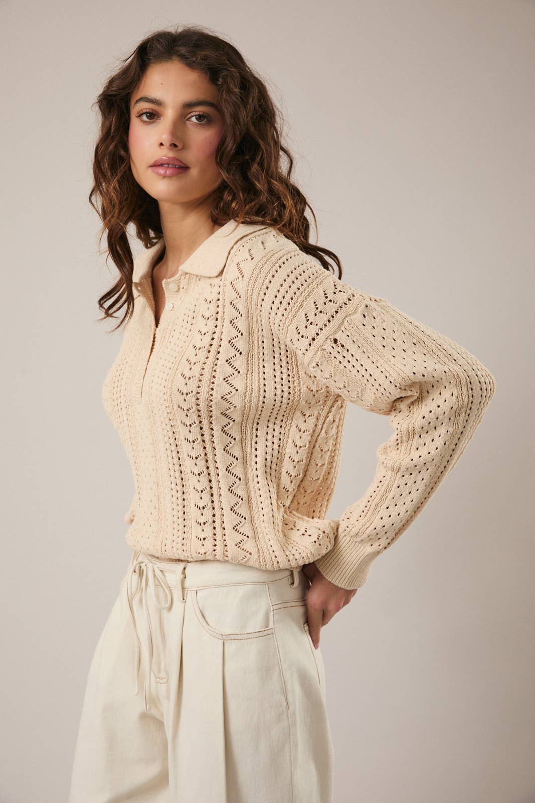 Beige POLO COLLARED OPEN KNIT LONG SLEEVE SWEATER TOP for wholesale on Faire1
