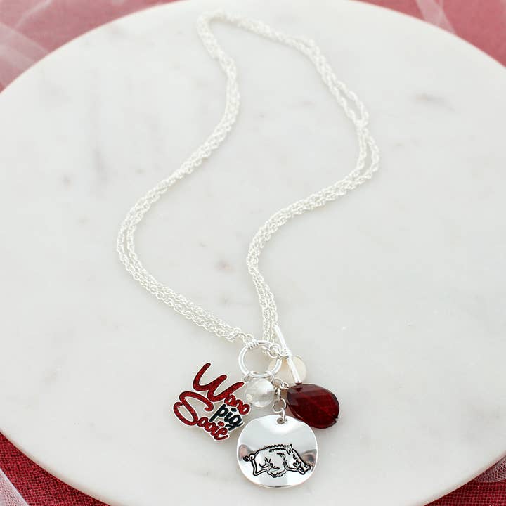 Arkansas Logo Disc & Slogan Cluster Convertible Necklace for wholesale by Seasons Jewelry