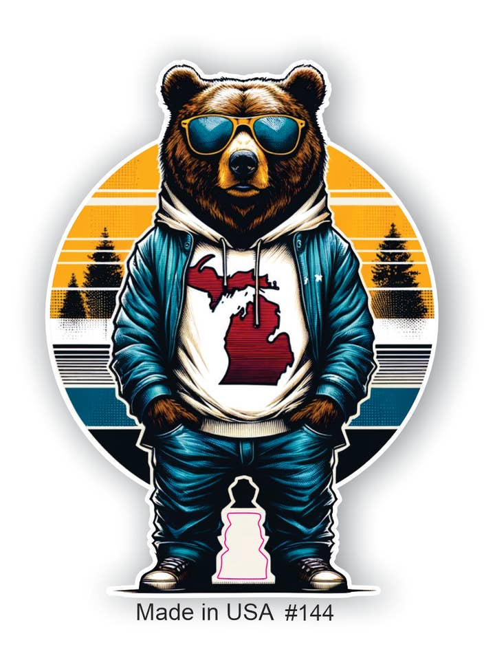Michigan Bear med solbriller og hættetrøje klistermærke for engroshandel hos Big monkey