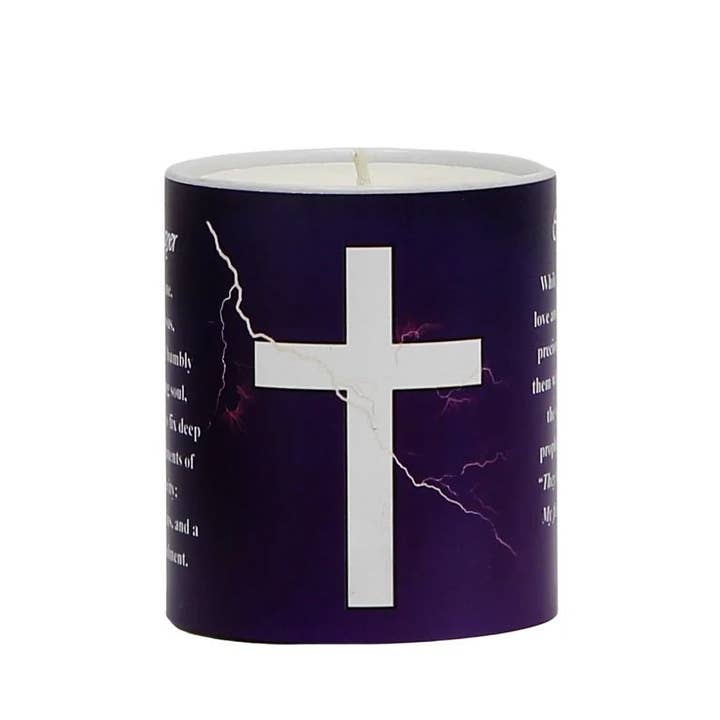 SublimArt - Wholesale Jar/Filled Candle - SUBLIMART: Prayer Candle - Porcelain Soy Wax Candle - The Easter White Crucifix on Purple Prayer