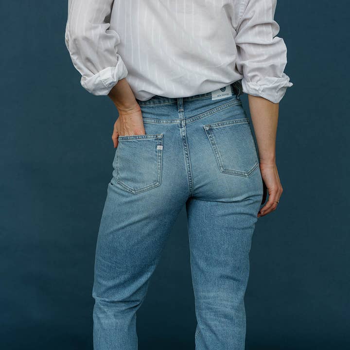 Women's Stretch Tapered Recycled Jean - Washed Stone Blue for wholesale by New Frontier