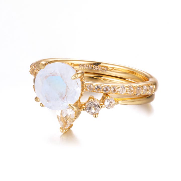 Vivian Grace Jewelry - Wholesale Single Stone/Solitaire Ring - Ava Moonstone & Topaz Ring Set