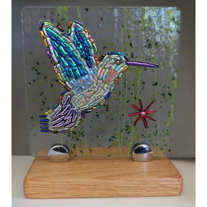 Dichroic Hummingbird tabletop sculpture Fused Glass Oak for wholesale by McCray Studios