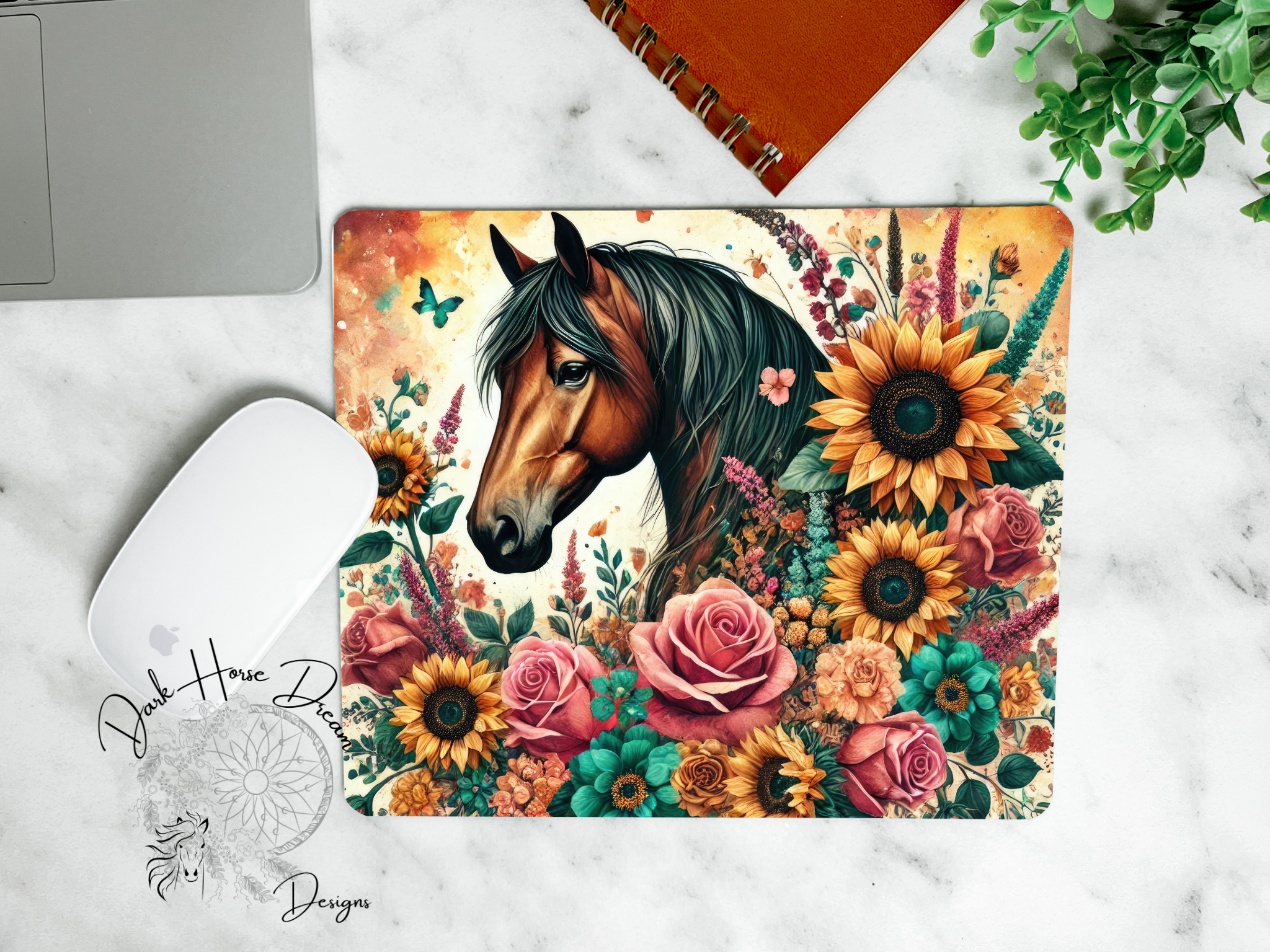 Dark Horse Dream Designs LLC - Vente Tapis de souris - Tapis de souris Cheval baie floral coloré, roses et tournesols0