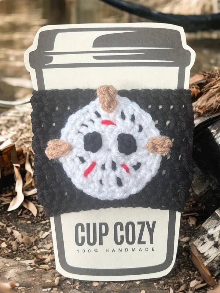 Hockey Mask Horror Coffee Cup Cozy for wholesale by Stout Farmhouse