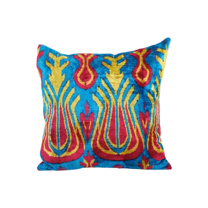 Square Blue Boho Velvet Silk Ikat Velvet Pillow - Red for wholesale by Vintage Pillows Store