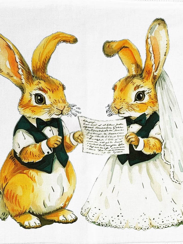 Mr and Mrs Rabbits Wedding Day large cotton tea towel for wholesale by Half a Donkey
