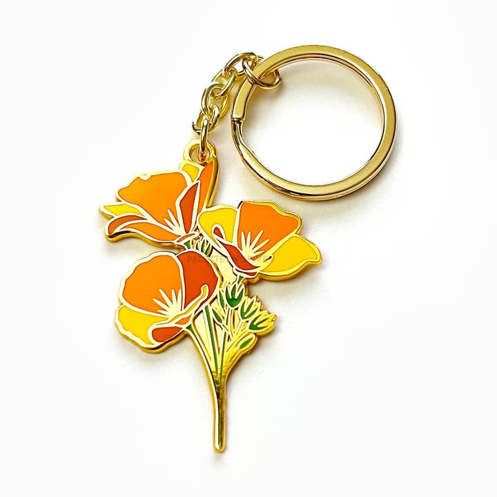 Poppy Keychain, California Poppy Keychain Hard Enamel 2" for wholesale by Palette Two Five