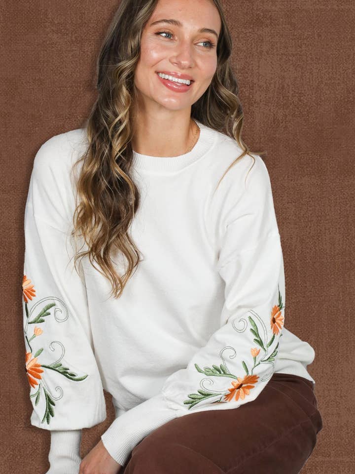 Blomstret Broderet Rundhalset Strikket Sweater Top VT83015 for engroshandel hos Vine & Love