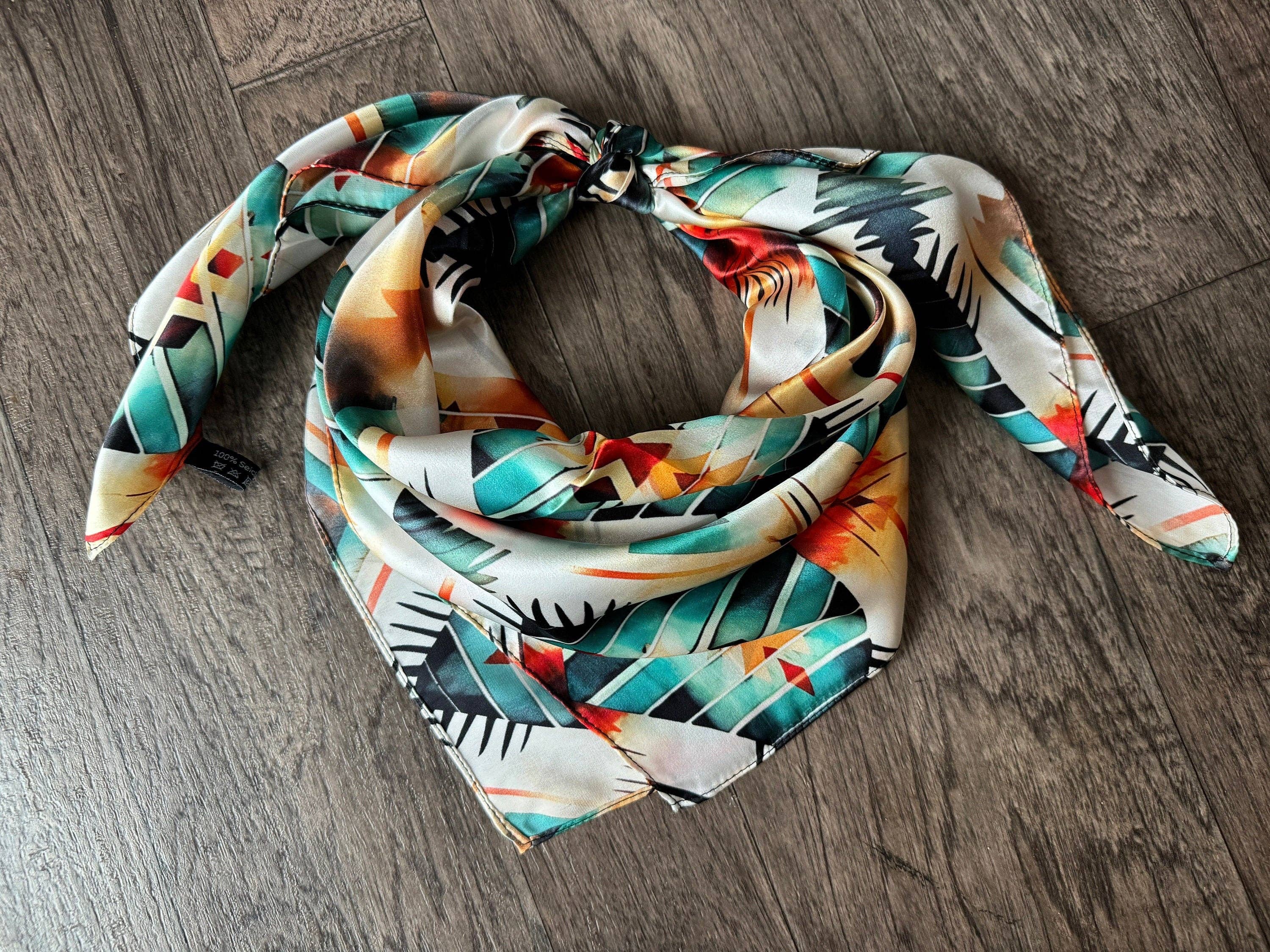 Double B Wild Rags - Wholesale Scarf – Women's - 100% Silk Wild Rag Aztec Native Orange Teal and White by Double B Wild Rags