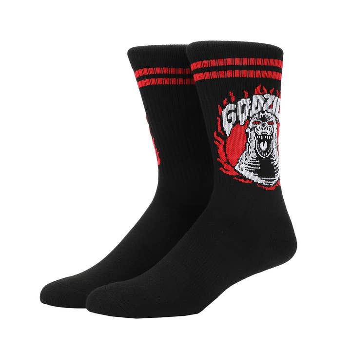 Godzilla Flaming Monster Men’s Black Casual Crew Socks for wholesale by Bioworld Merchandising