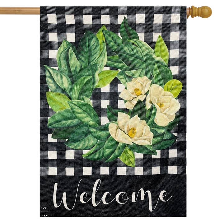 Magnolia Wreath Burlap House Flag for wholesale by Briarwood Lane