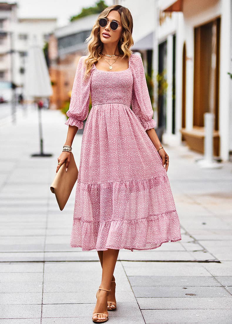 ePretty - Wholesale Dress - Women's - Ditsy Floral Smocked Square Neck Midi Dress SZ25-DR1312414