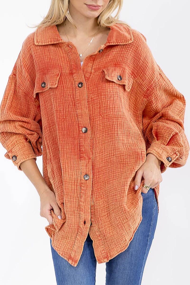 ROUSSEAU - Wholesale Button Down Shirt - Women's - BUTTON UP FRONT POCKETS WASHED OVERSIZED SHIRT0