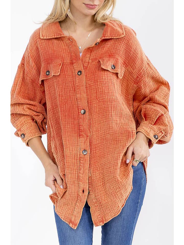 ROUSSEAU - Wholesale Button Down Shirt - Women's - BUTTON UP FRONT POCKETS WASHED OVERSIZED SHIRT